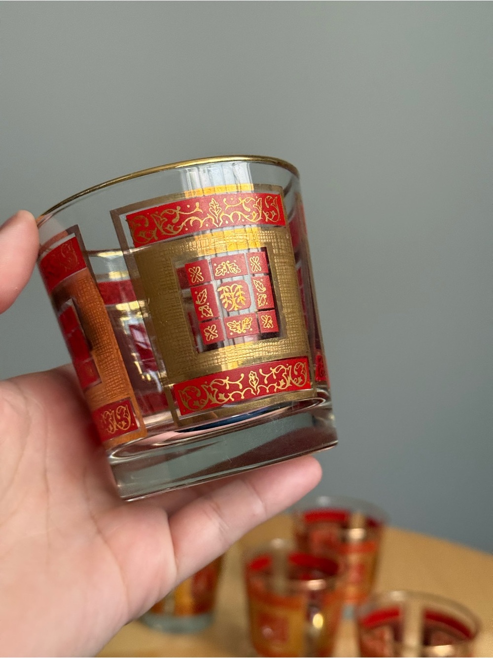 Set of 5 Libbey Lowball Glasses c1960s Red & 22/24K Gold Gilt Vintage Barware